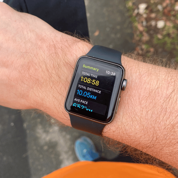 Close of a running watch displaying this morning's run. Discipline and consistency.